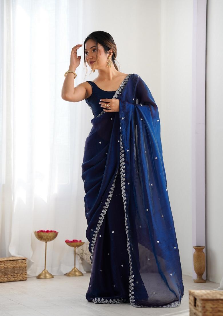 Blue Sequins Work Tissue Saree Set - Indya