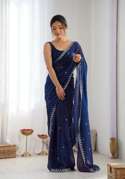 Blue Sequins Work Tissue Saree Set