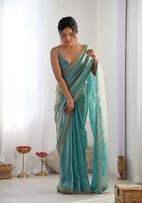 Sky Blue Sequins Work Tissue Saree Set