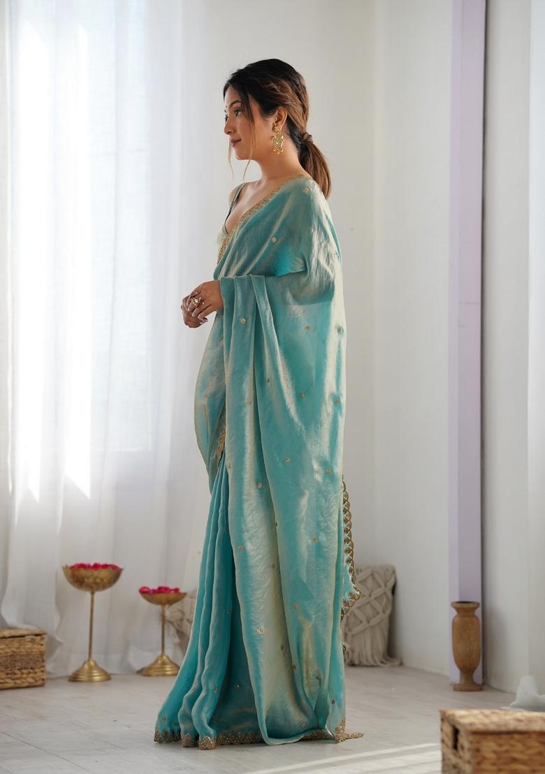 Sky Blue Sequins Work Tissue Saree Set - Indya
