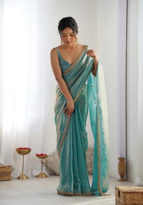 Sky Blue Sequins Work Tissue Saree Set