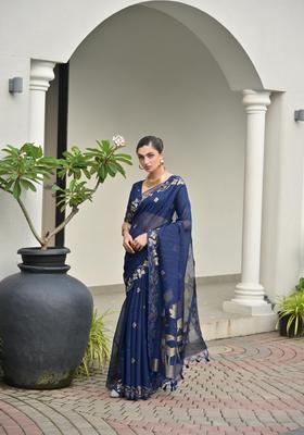 Blue Zari Work Cotton Saree Set