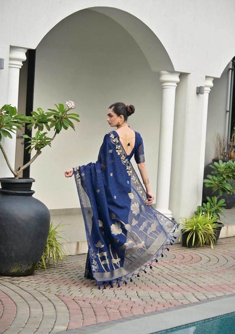 Blue Zari Work Cotton Saree Set - Indya