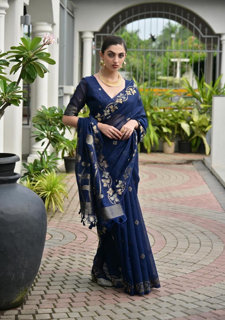 Blue Zari Work Cotton Saree Set - Indya
