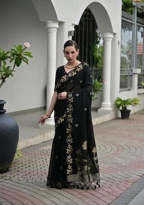 Black Zari Work Cotton Saree Set
