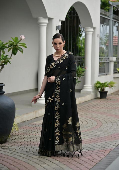 Black Zari Work Cotton Saree Set
