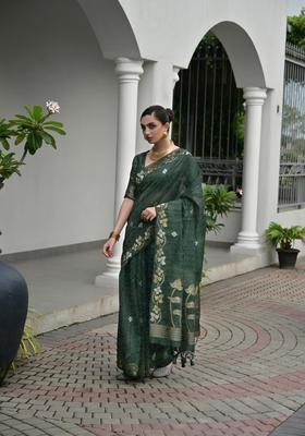 Green Zari Work Cotton Saree Set