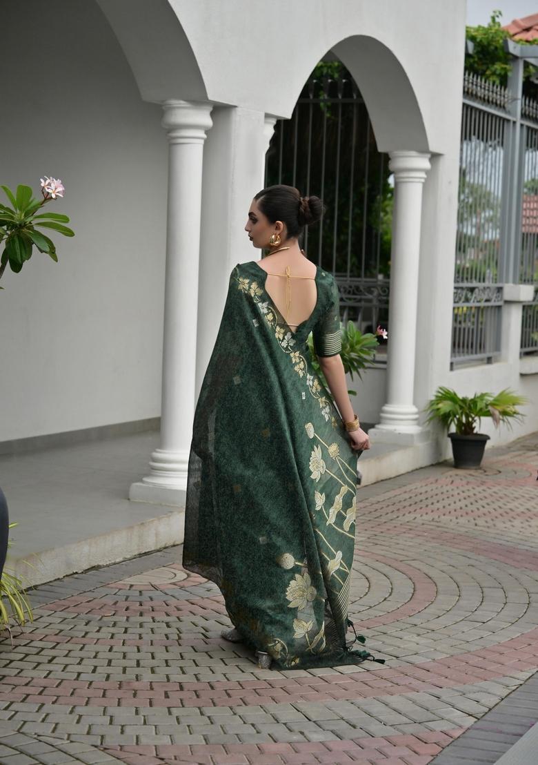 Green Zari Work Cotton Saree Set - Indya
