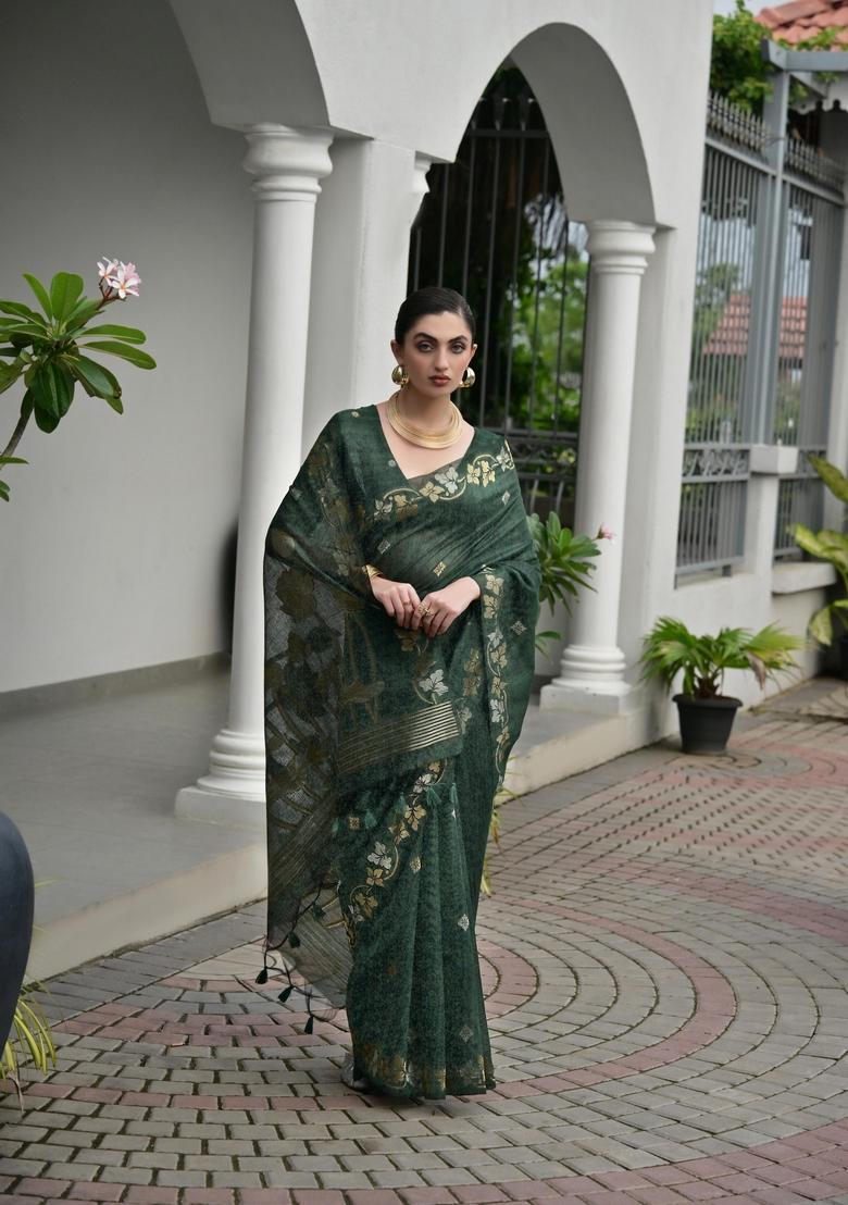 Green Zari Work Cotton Saree Set - Indya