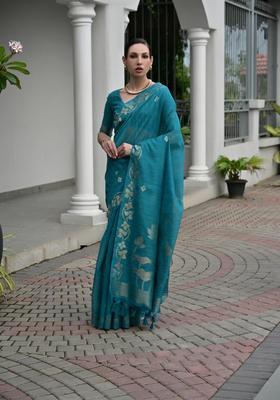 Blue Zari Work Cotton Saree Set