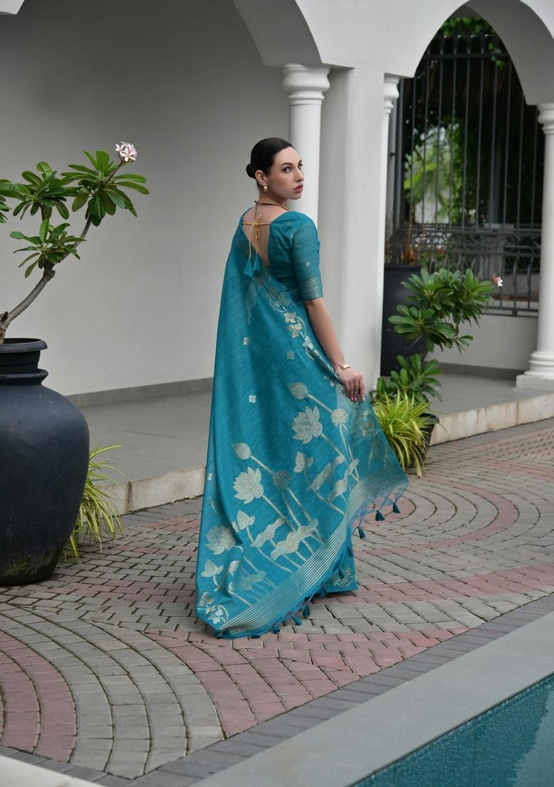 Blue Zari Work Cotton Saree Set - Indya