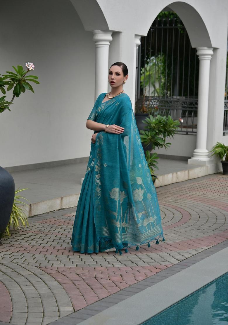 Blue Zari Work Cotton Saree Set - Indya