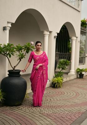 Pink Zari Work Cotton Saree Set