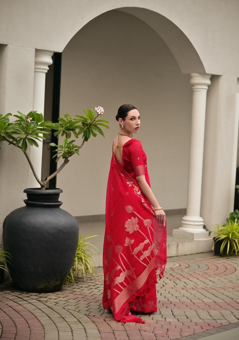 Red Zari Work Cotton Saree Set - Indya