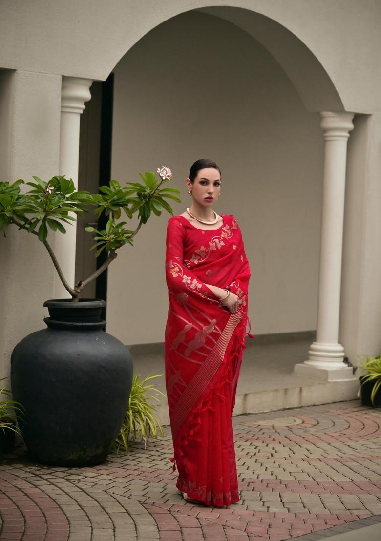 Red Zari Work Cotton Saree Set - Indya
