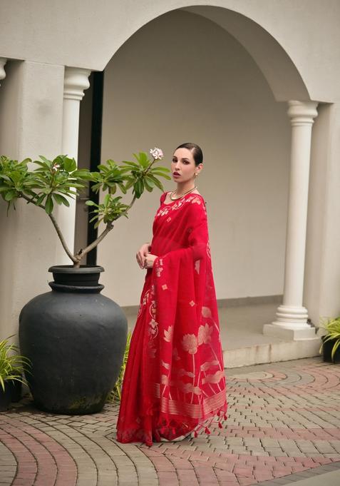 Red Zari Work Cotton Saree Set