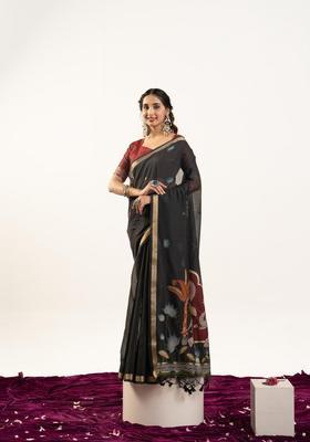 Black Zari Work Cotton Saree Set