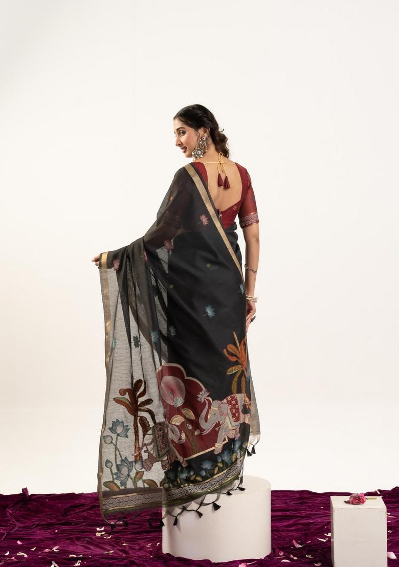Black Zari Work Cotton Saree Set - Indya
