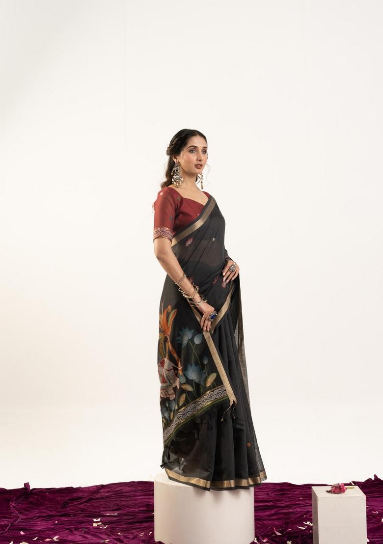 Black Zari Work Cotton Saree Set - Indya