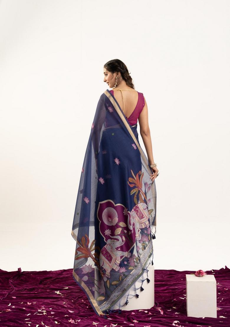 Blue Zari Work Cotton Saree Set - Indya