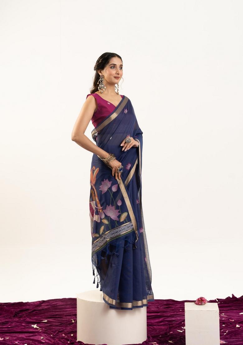 Blue Zari Work Cotton Saree Set - Indya