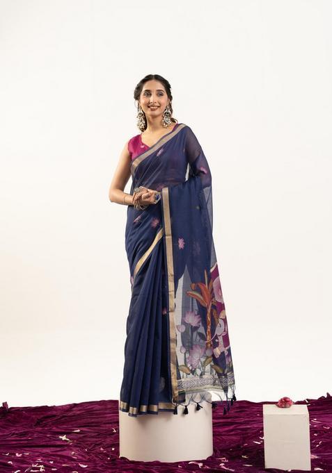 Blue Zari Work Cotton Saree Set