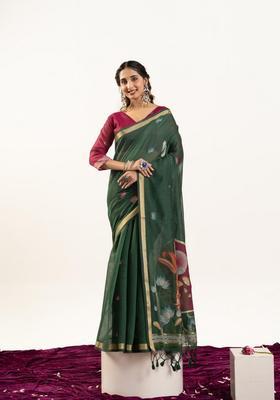 Green Zari Work Cotton Saree Set