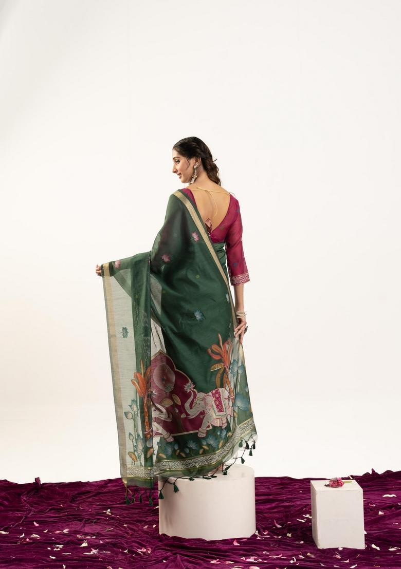 Green Zari Work Cotton Saree Set - Indya
