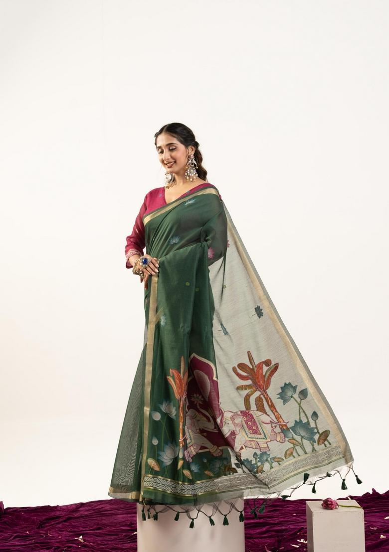 Green Zari Work Cotton Saree Set - Indya
