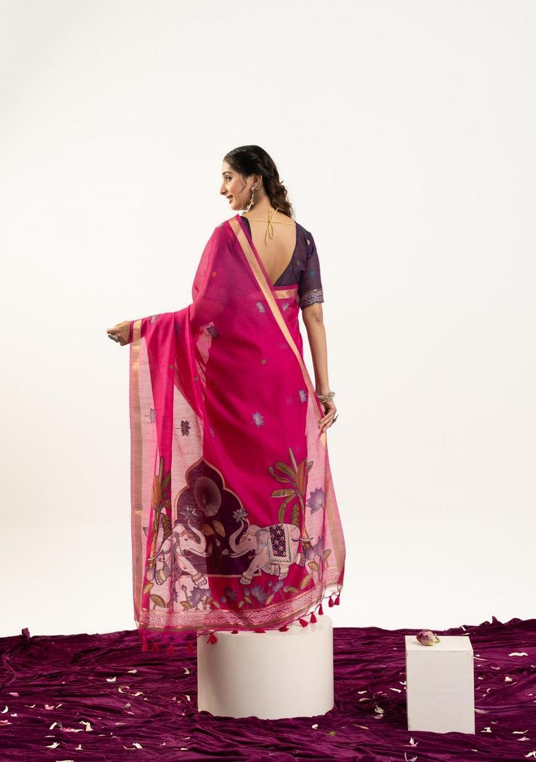 Pink Zari Work Cotton Saree Set - Indya