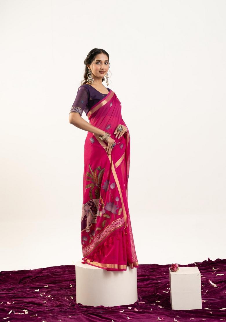 Pink Zari Work Cotton Saree Set - Indya