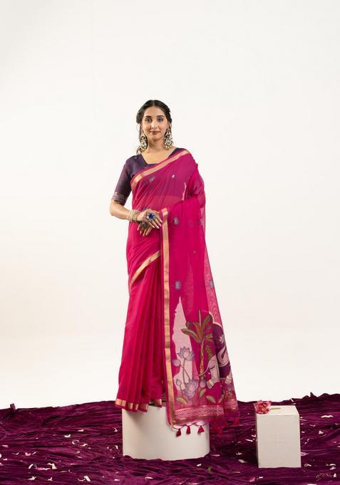 Pink Zari Work Cotton Saree Set