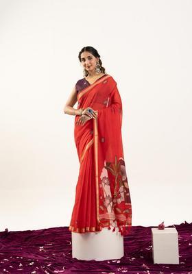 Red Zari Work Cotton Saree Set