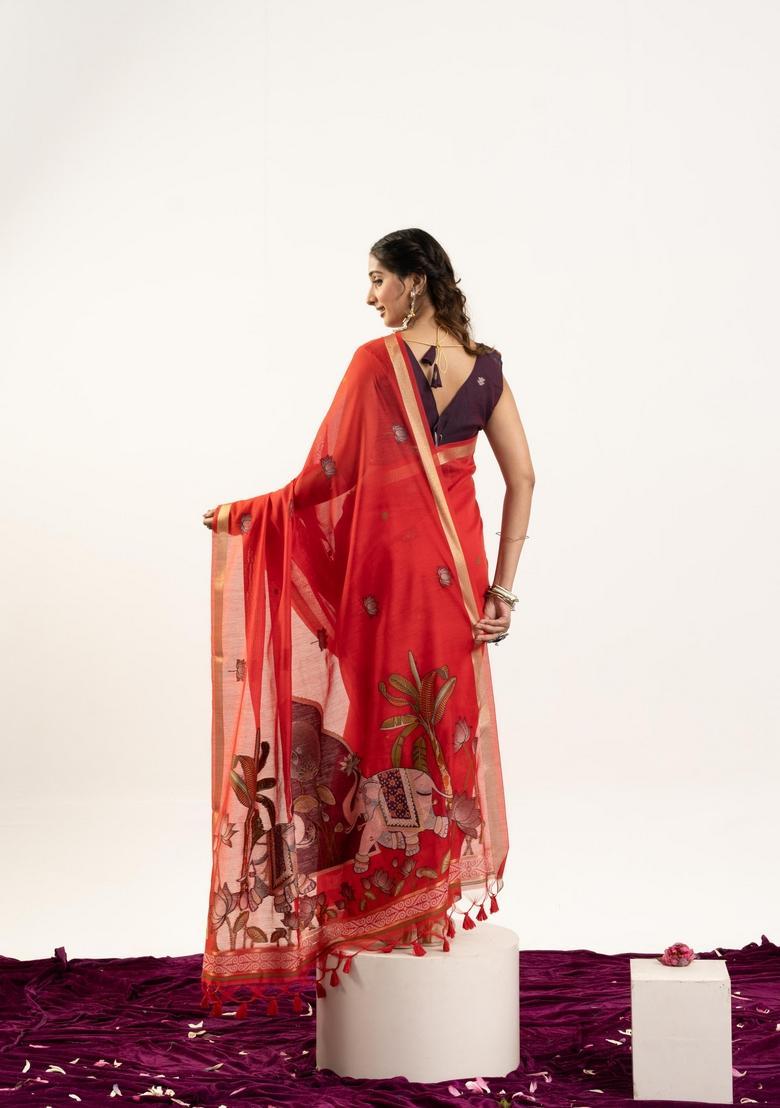 Red Zari Work Cotton Saree Set - Indya