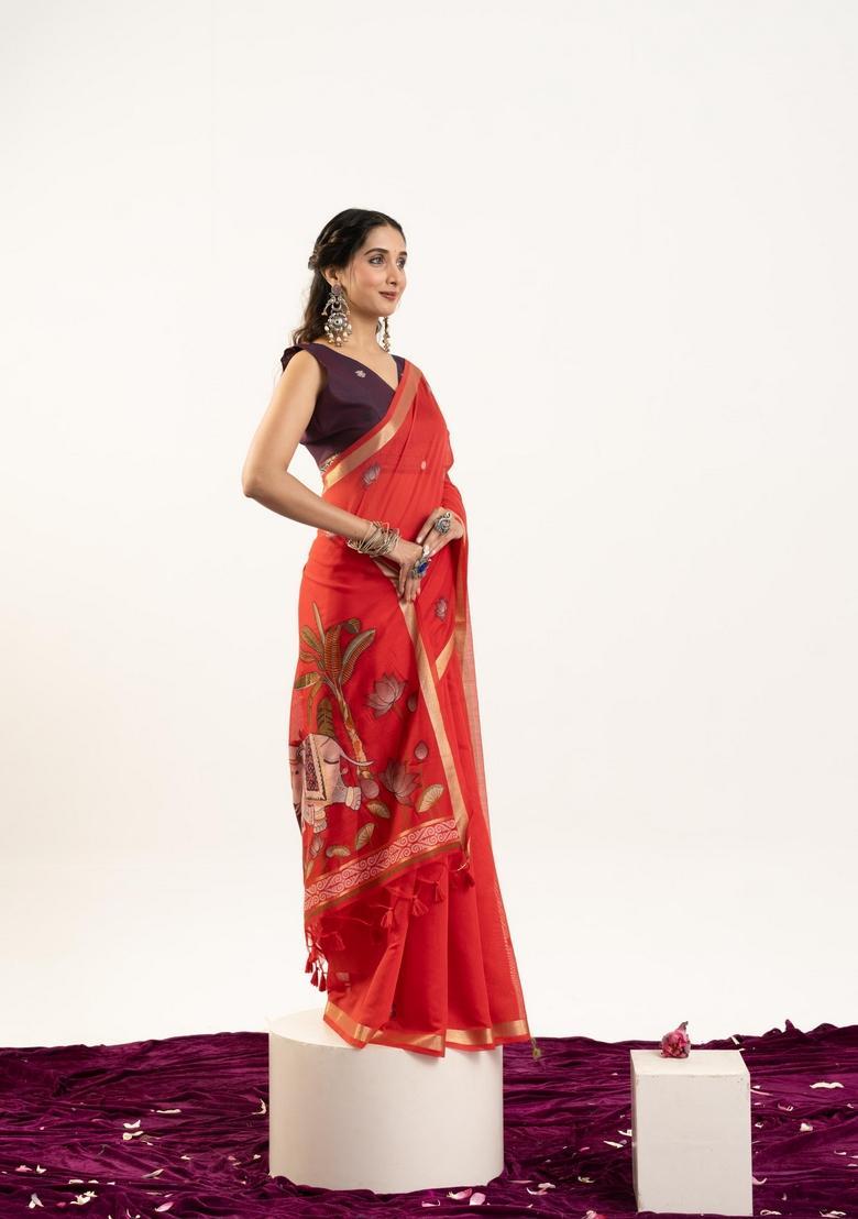 Red Zari Work Cotton Saree Set - Indya