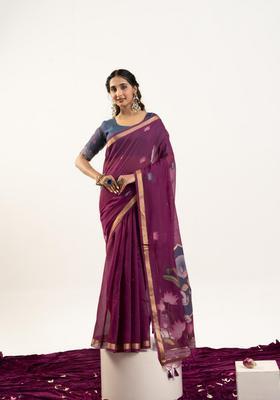 Wine Zari Work Cotton Saree Set