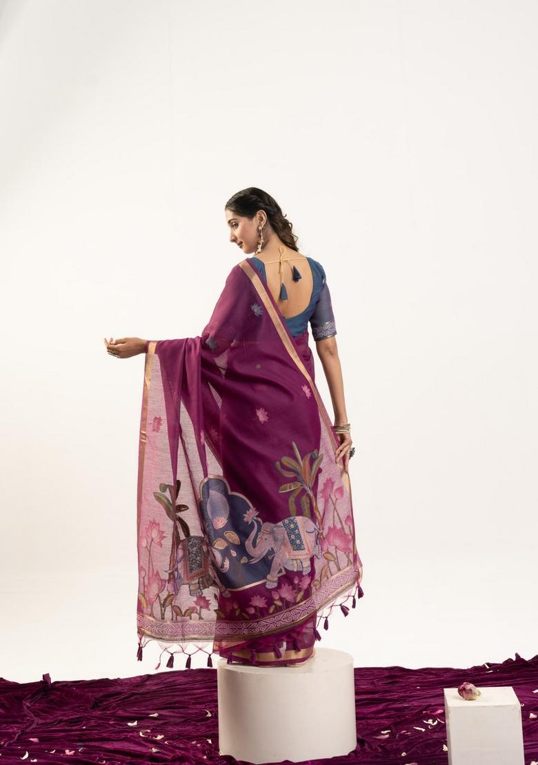Wine Zari Work Cotton Saree Set - Indya