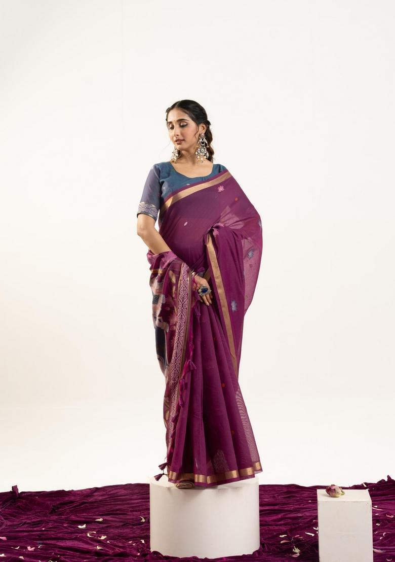 Wine Zari Work Cotton Saree Set - Indya