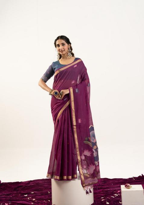 Wine Zari Work Cotton Saree Set — view on Indya