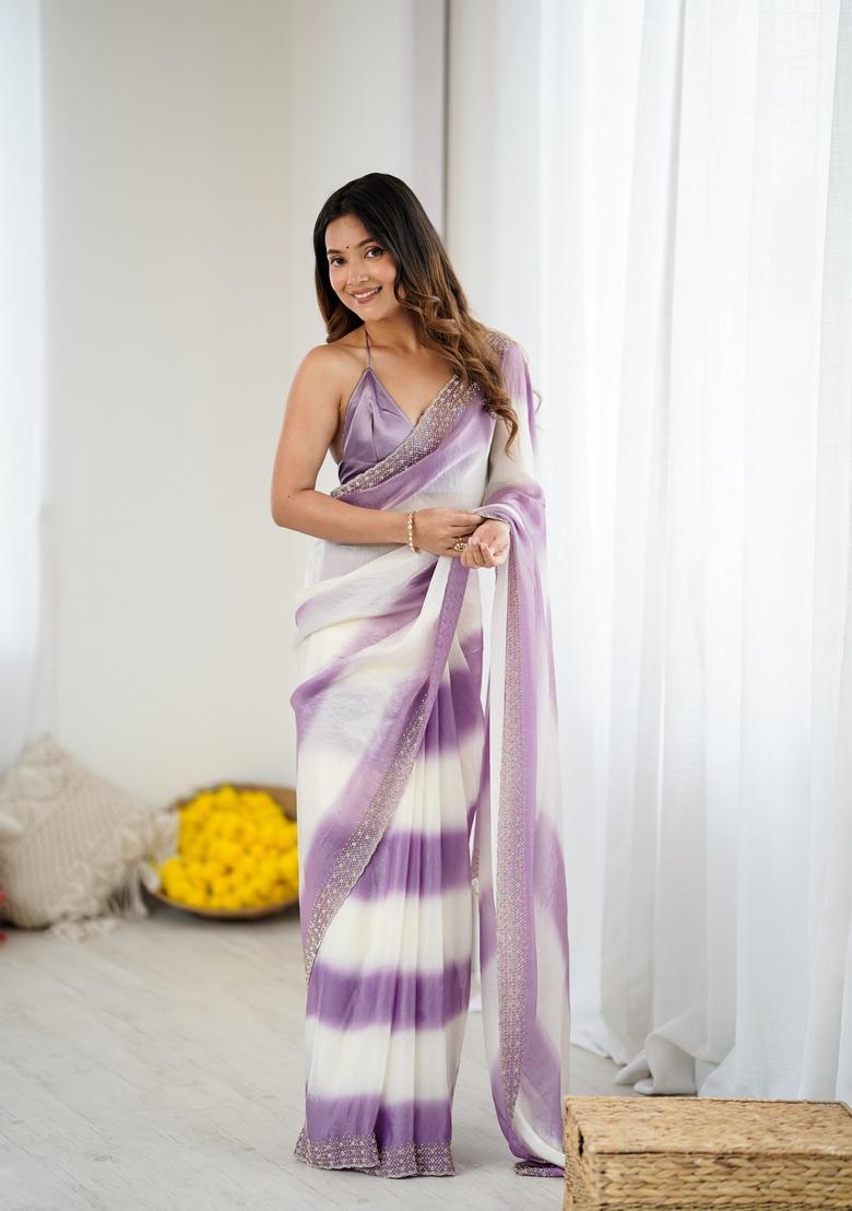 Lavender Beads Silk Saree Set - Indya