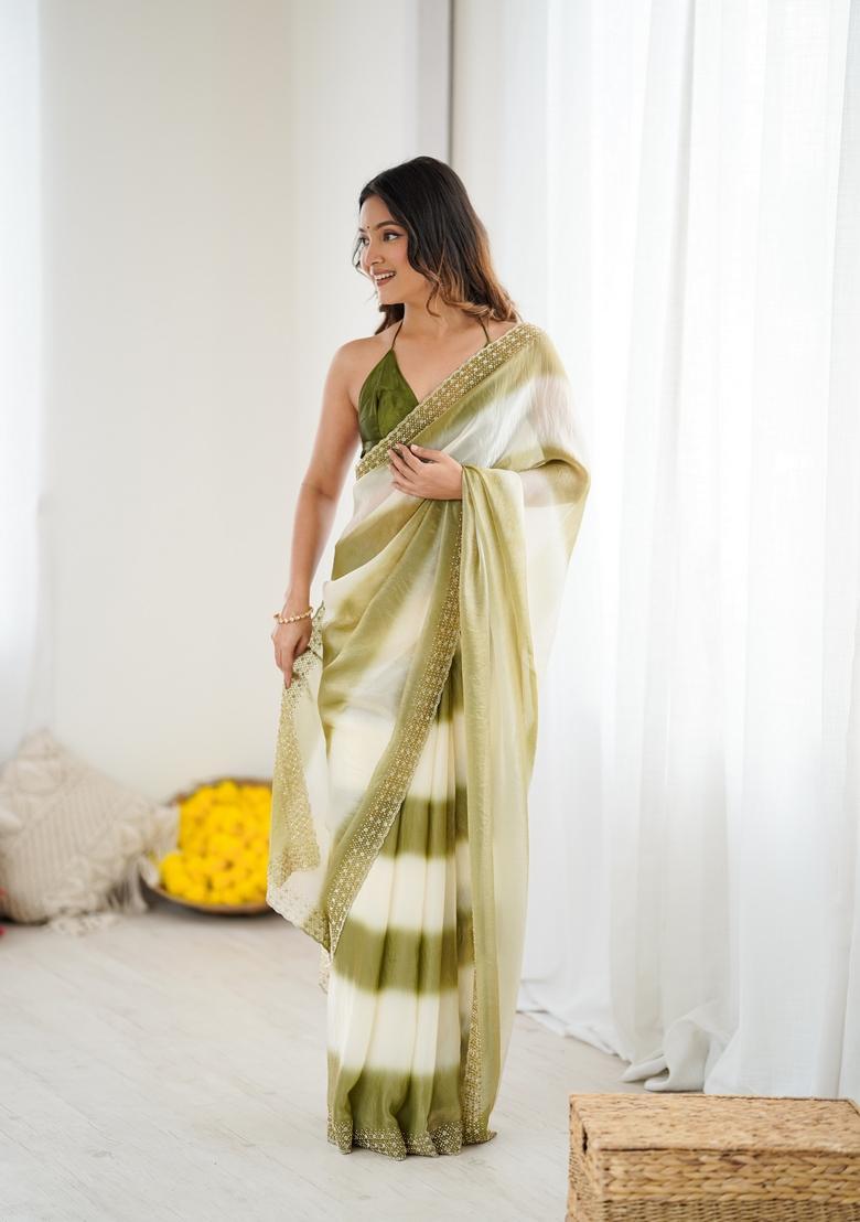 Green Beads Silk Saree Set - Indya