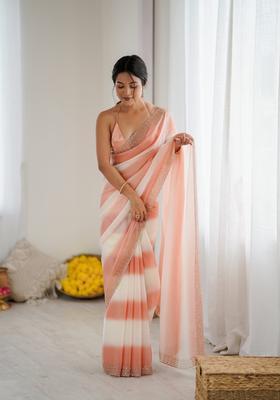 Peach Beads Silk Saree Set