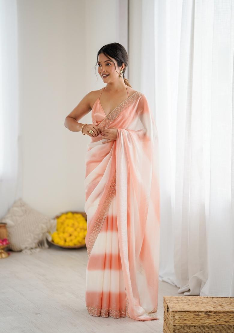 Peach Beads Silk Saree Set - Indya