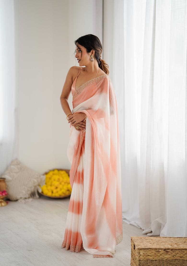 Peach Beads Silk Saree Set - Indya