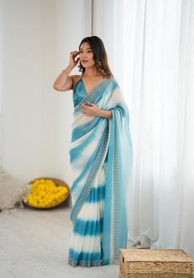 Sky Blue Beads Silk Saree Set