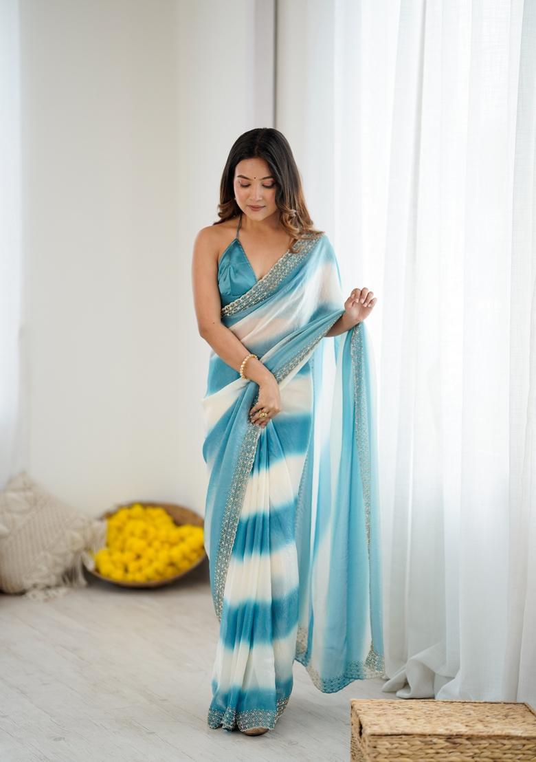 Sky Blue Beads Silk Saree Set - Indya