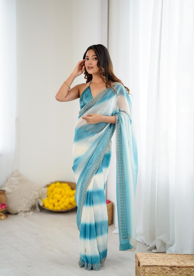 Sky Blue Beads Silk Saree Set - Indya