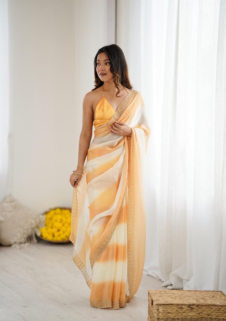 Yellow Beads Silk Saree Set - Indya