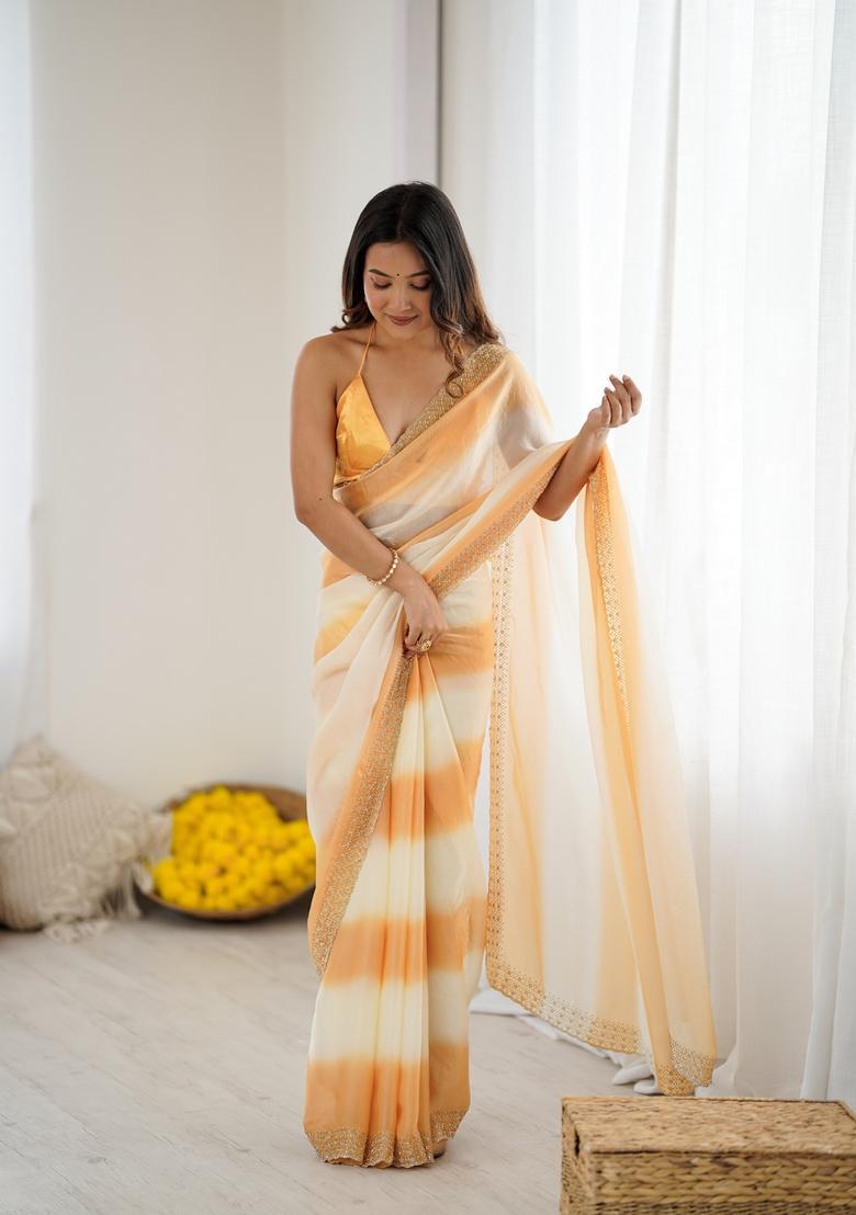 Yellow Beads Silk Saree Set - Indya