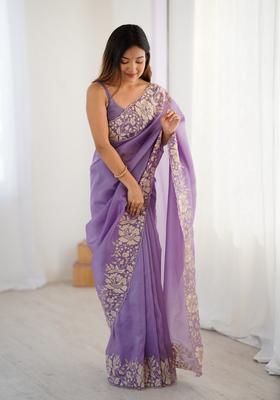 Lavender Embroidery Silk Saree Set